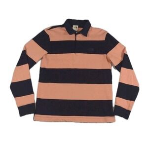 The North Face Rugby Polo Men's Coral Navy Striped Long Sleeves Collard Sz Small